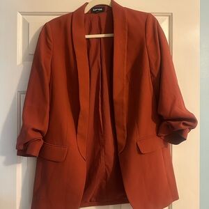 Express Orange Blazer with Ruched Sleeves and Lapel Collar